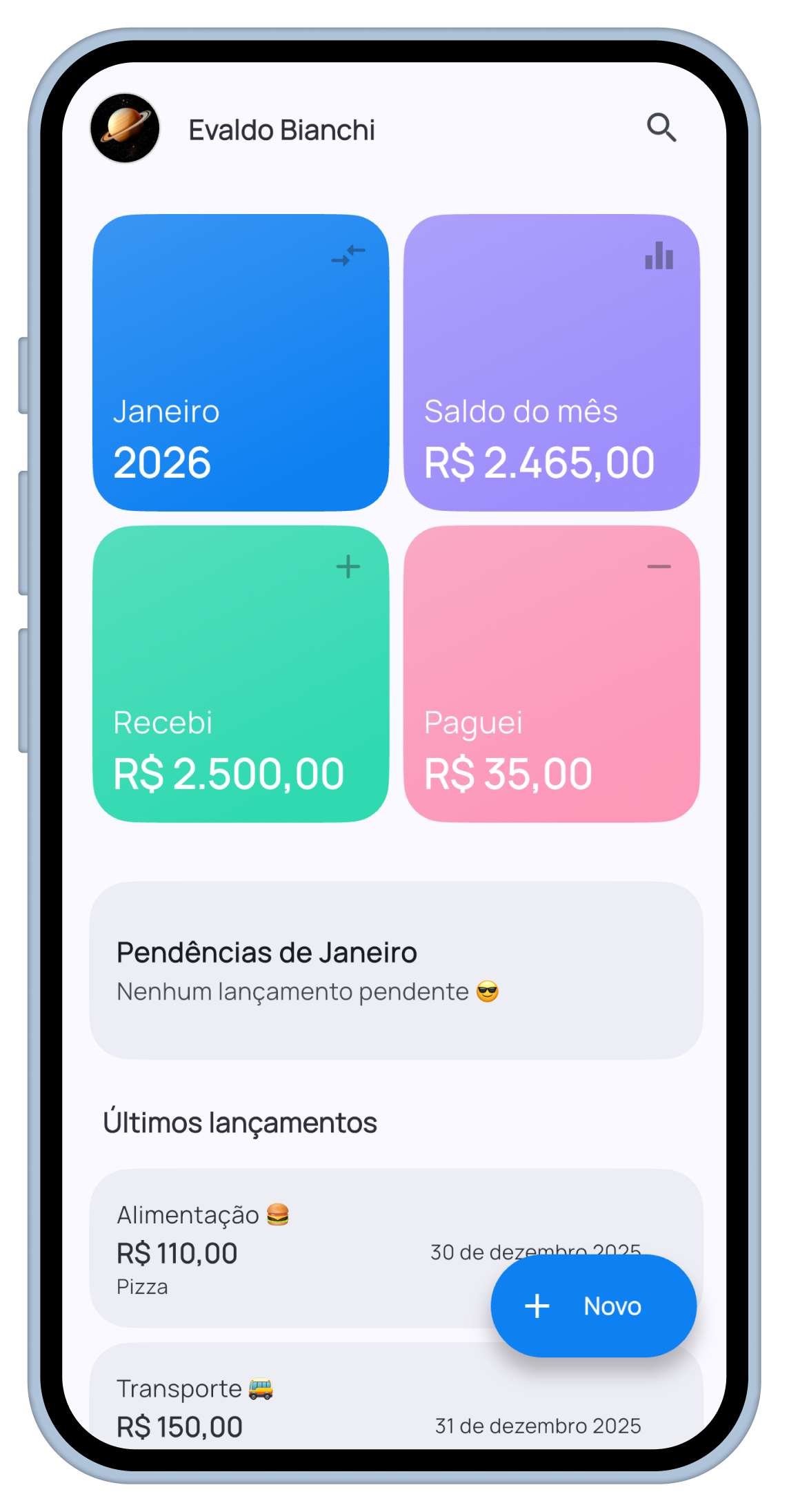 Tela Home do Cashflow
